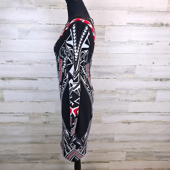 Bisou Bisou Michele Bohbot Geometric Print Bodycon Dress Black Red White 10 - Picture 4 of 16